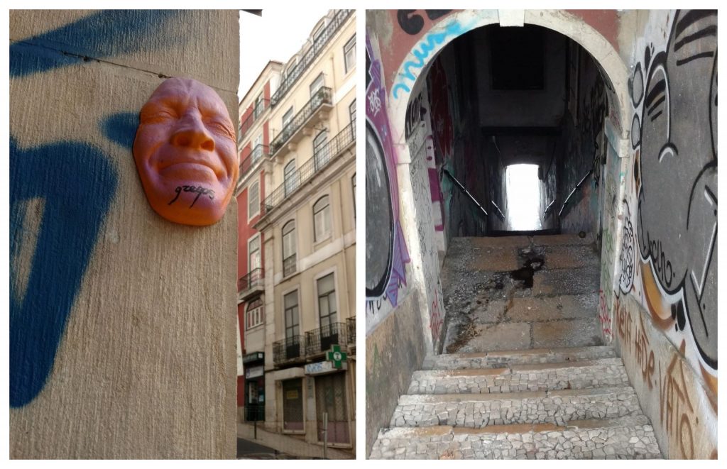 Lisbon historic centre stairs and mask from Mouraria and Alfama