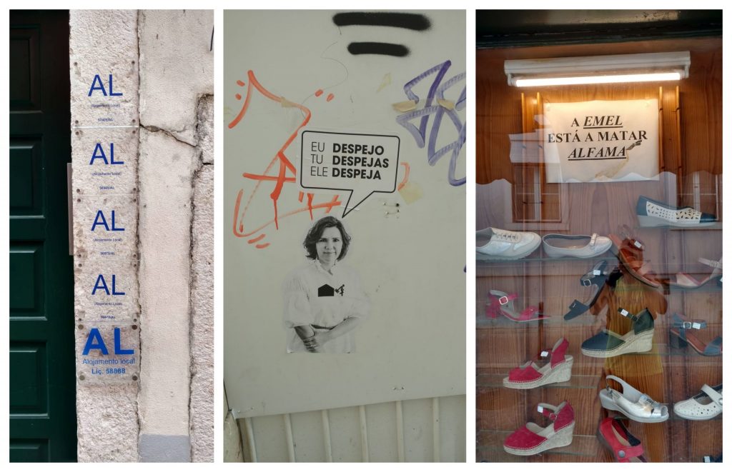 Short-term rental signs and protests against tourism massification in Lisbon