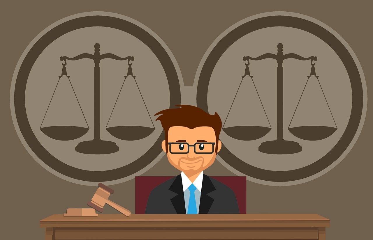 Cartoon graphic of a judge presiding over a courtroom, symbolizing the evaluation of truth, evidence, and public storytelling in a legal case.