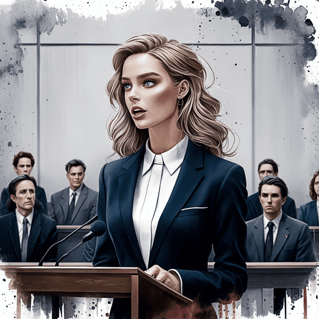 An artistic digital illustration representing Amber Heard delivering a testimony at a podium during a public trial, surrounded by observers in a courtroom.