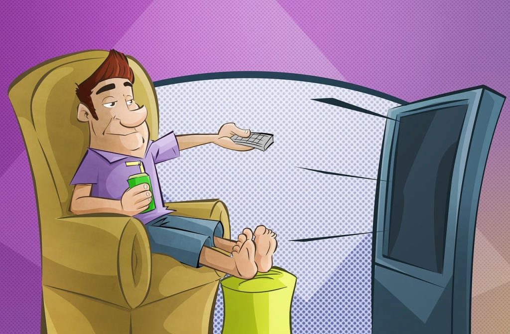 A comic illustration of a person watching television on an armchair, representing the general public and media consumers scrutinizing a high-profile case.